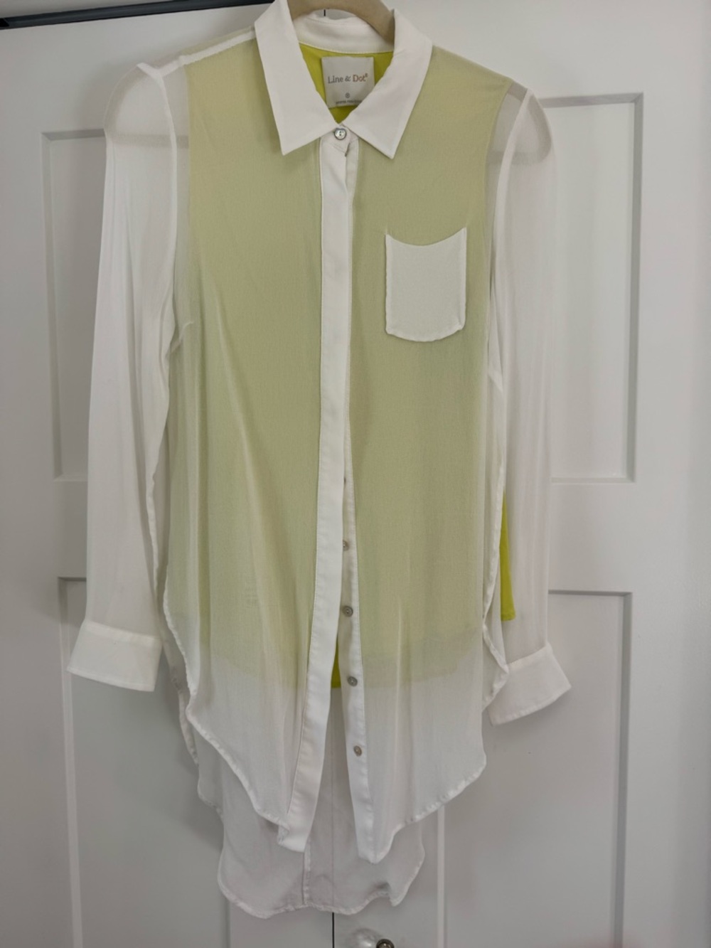 Sheer White Button Up Blouse lined in Lime/chartruese